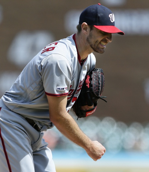 Washington Nationals' Max Scherzer reacts after striking out Detroit Tigers' Miguel Cabrera during the eighth inning of a baseball game Sunday, June 30, 2019, in Detroit. (AP Photo/Duane Burleson)