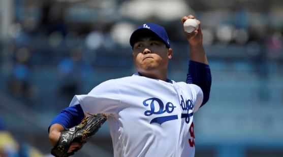 Los Angeles Dodgers starting pitcher Hyun-Jin Ryu, of South Korea, throws to the plate during the first inning of a baseball game against the Arizona Diamondbacks, Sunday, Aug. 11, 2019, in Los Angeles. (AP Photo/Mark J. Terrill)