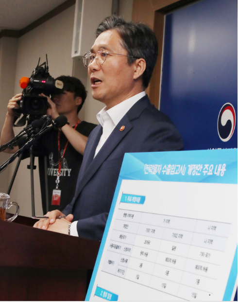 성윤모 산업통상자원부 장관이 12일 정부세종청사에서 전략물자 수출입고시 개정안 발표를 하고 있다.