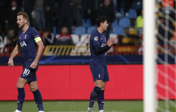 Tottenham's Son Heung-min, celebrates after scoring his side's second goal during the Champions League group B soccer match between Red Star and Tottenham, at the Rajko Mitic Stadium in Belgrade, Serbia, Wednesday, Nov. 6, 2019. (AP Photo/Darko Vojinovic)