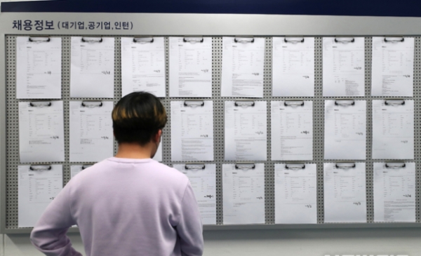 서울의 한 대학교 내 취업광장에서 한 학생이 채용정보 게시판을 보고 있다. 2021.02.02